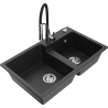 Mexen Tomas Granitspüle 2-Kammern mit Küchenarmatur Aster, schwarz/silber metallic - 6516-73-73450-07