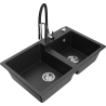 Mexen Tomas Granitspüle 2-Kammern mit Küchenarmatur Aster, schwarz/silberner Metallic - 6516-73-73450-07