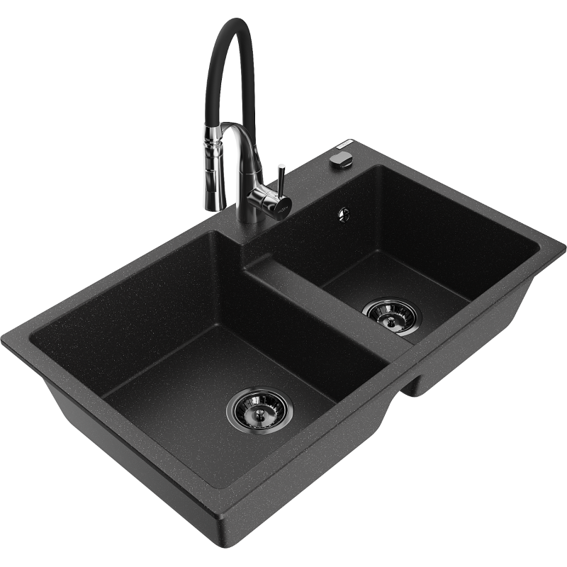 Mexen Tomas Granitspüle 2-Kammer mit Küchenarmatur Aster, schwarz/silber metallic - 6516-73-73450-07-B