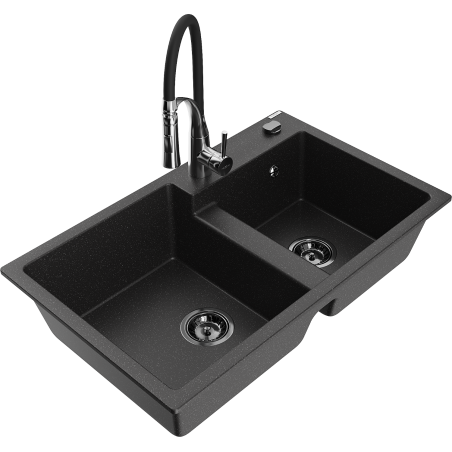 Mexen Tomas Granitspüle 2-Kammer mit Küchenarmatur Aster, schwarz/silber metallic - 6516-73-73450-07-B