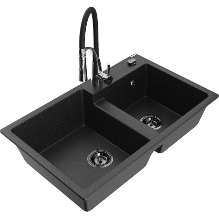 Mexen Tomas Granitspüle 2-Kammern mit Küchenarmatur Aster, Schwarz/Silber Metallic - 6516-73-73450-07-B