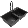 Mexen Tomas Granitspüle 2-Kammer mit Küchenarmatur Aster, schwarz/silber metallic - 6516-73-73450-07-B