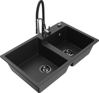 Mexen Tomas Granitspüle 2-Kammer mit Küchenarmatur Aster, schwarz/silber metallic - 6516-73-73450-07-B