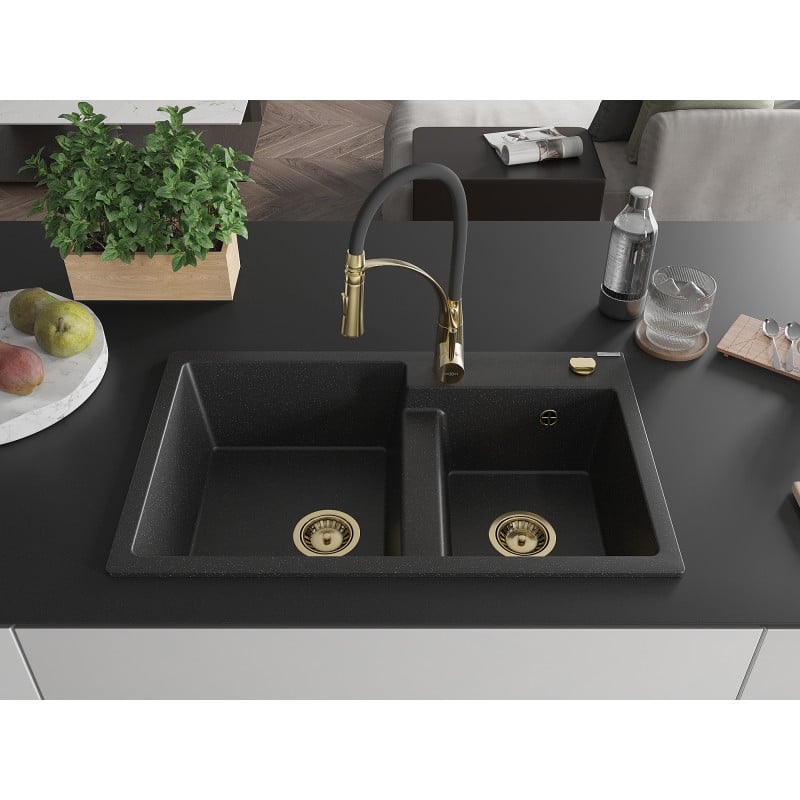 Mexen Tomas 2-Kammer Granitspüle mit Küchenarmatur Aster, schwarz/silber metallic - 6516-73-73450-57-G