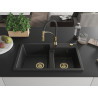 Mexen Tomas Granitspüle, 2-Kammer, mit Küchenarmatur Aster, schwarz/silber metallic - 6516-73-73450-57-G
