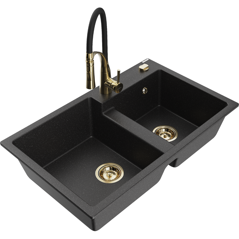 Mexen Tomas 2-Kammer Granitspüle mit Küchenarmatur Aster, schwarz/silber metallic - 6516-73-73450-57-G