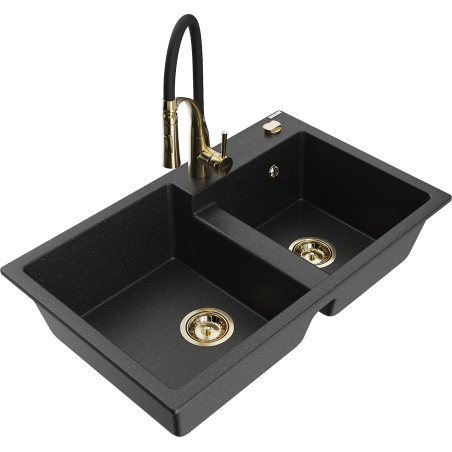 Mexen Tomas Granitspüle, 2-Kammer, mit Küchenarmatur Aster, schwarz/silber metallic - 6516-73-73450-57-G