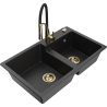 Mexen Tomas 2-Kammer Granitspüle mit Küchenarmatur Aster, schwarz/silber metallic - 6516-73-73450-57-G