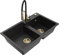 Mexen Tomas 2-Kammer Granitspüle mit Küchenarmatur Aster, schwarz/silber metallic - 6516-73-73450-57-G