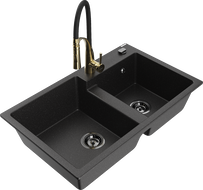 Mexen Tomas Granitspüle 2-Becken mit Küchenarmatur Aster, schwarz/silber-metallic - 6516-73-73450-57-B