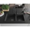 Mexen Tomas Granitspüle mit 2 Becken und Küchenarmatur Aster, schwarz/silber metallic - 6516-73-73450-70-B