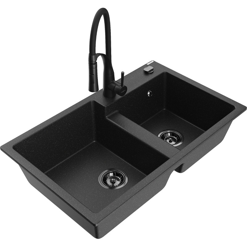 Mexen Tomas Granitspüle mit 2 Becken und Küchenarmatur Aster, schwarz/silber metallic - 6516-73-73450-70-B