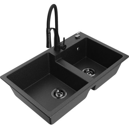 Mexen Tomas Granitspüle mit 2 Becken und Küchenarmatur Aster, schwarz/silber metallic - 6516-73-73450-70-B