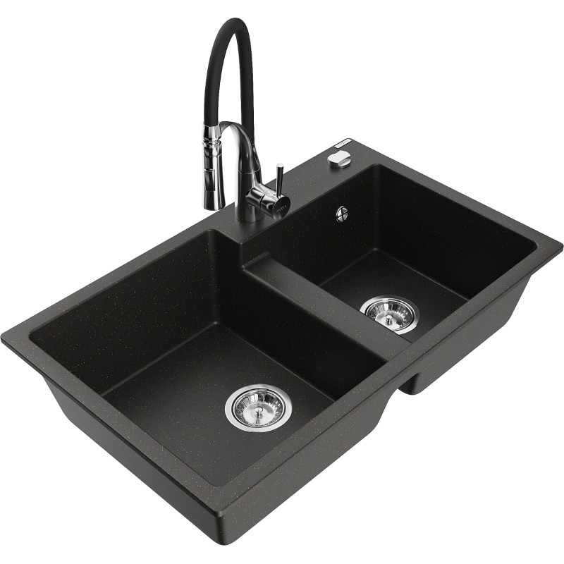 Mexen Tomas Granitspüle 2-Kammern mit Küchenarmatur Aster, schwarz/goldener Metallic - 6516-75-73450-07
