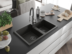 Mexen Tomas Granitspüle 2-Kammer mit Küchenarmatur Aster, schwarz/goldenes Metallic - 6516-75-73450-07-B