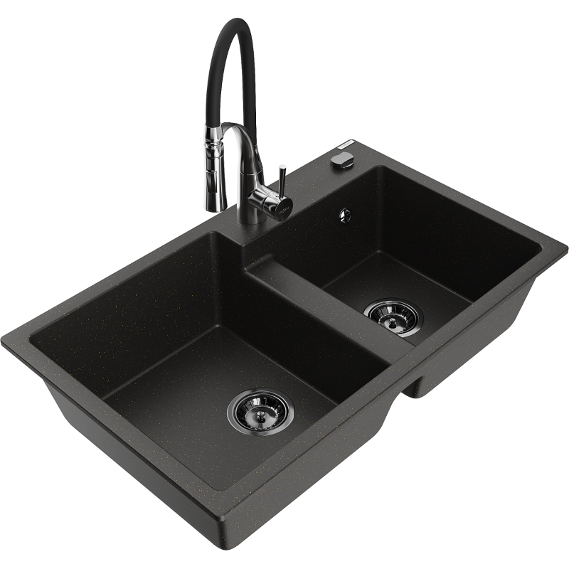 Mexen Tomas Granitspüle 2-Kammer mit Küchenarmatur Aster, schwarz/goldenes Metallic - 6516-75-73450-07-B