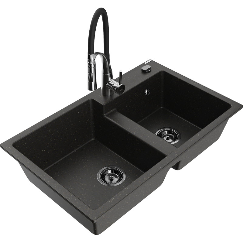 Mexen Tomas Granitspüle mit 2 Becken und Küchenarmatur Aster, schwarz/gold metallik - 6516-75-73450-07-B
