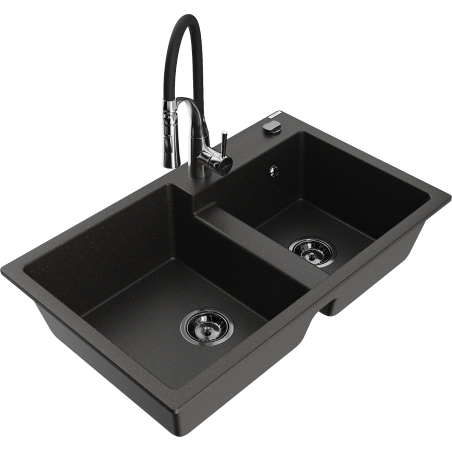 Mexen Tomas Granitspüle 2-Kammer mit Küchenarmatur Aster, schwarz/goldenes Metallic - 6516-75-73450-07-B