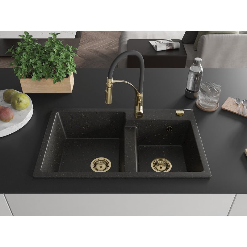 Mexen Tomas Granitspüle 2-Kammern mit Küchenarmatur Aster, schwarz/goldener Metallic - 6516-75-73450-57-G