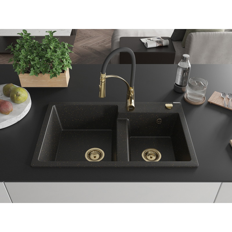 Mexen Tomas Granitspüle mit 2 Becken und Küchenarmatur Aster, schwarz/gold metallic - 6516-75-73450-57-G