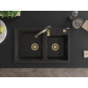 Mexen Tomas Granitspüle mit 2 Becken und Küchenarmatur Aster, schwarz/gold metallic - 6516-75-73450-57-G