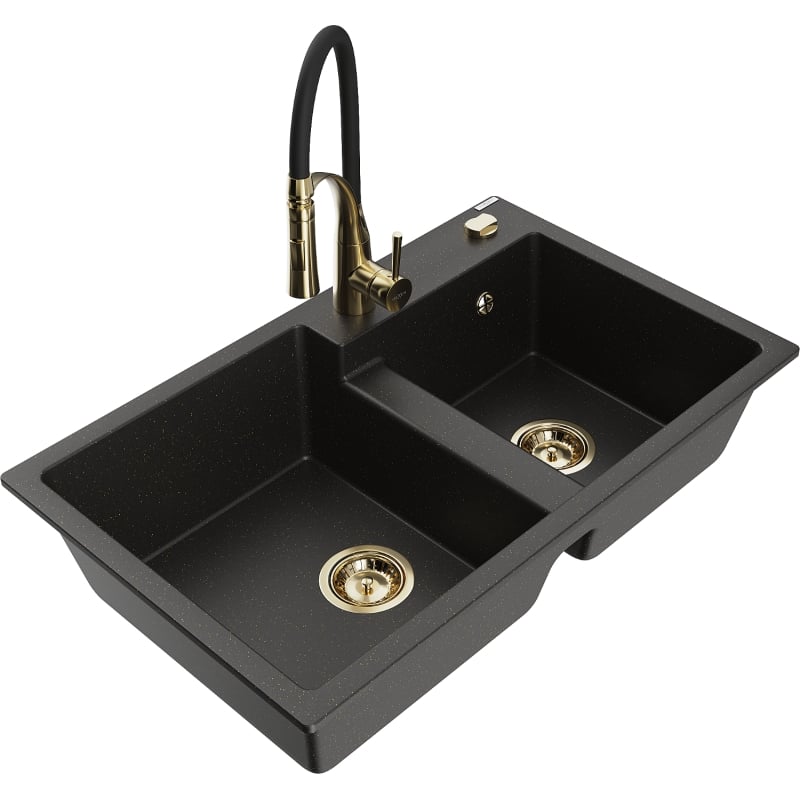 Mexen Tomas Granitspüle 2-becken mit Küchenarmatur Aster, schwarz/gold metallic - 6516-75-73450-57-G