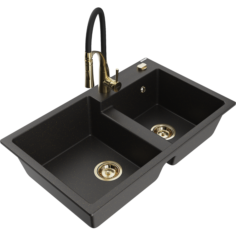 Mexen Tomas Granitspüle 2-Kammern mit Küchenarmatur Aster, schwarz/goldener Metallic - 6516-75-73450-57-G