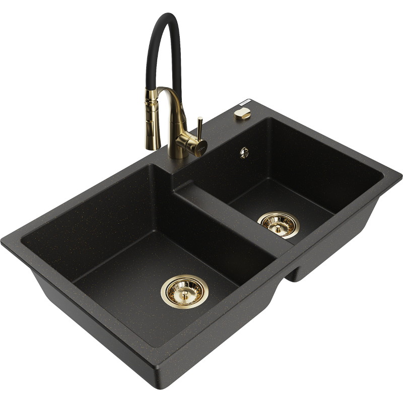 Mexen Tomas Granitspüle mit 2 Becken und Küchenarmatur Aster, schwarz/gold metallic - 6516-75-73450-57-G