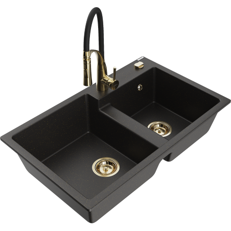 Mexen Tomas Granitspüle 2-Kammern mit Küchenarmatur Aster, schwarz/goldener Metallic - 6516-75-73450-57-G