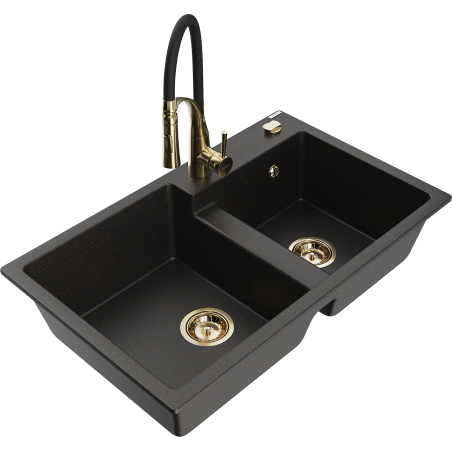 Mexen Tomas Granitspüle mit 2 Becken und Küchenarmatur Aster, schwarz/gold metallic - 6516-75-73450-57-G