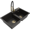 Mexen Tomas Granitspüle 2-Kammern mit Küchenarmatur Aster, schwarz/goldener Metallic - 6516-75-73450-57-G