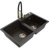 Mexen Tomas Granitspüle mit 2 Becken und Küchenarmatur Aster, schwarz/gold metallic - 6516-75-73450-57-G