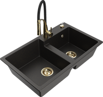 Mexen Tomas Granitspüle 2-Kammern mit Küchenarmatur Aster, schwarz/goldener Metallic - 6516-75-73450-57-G