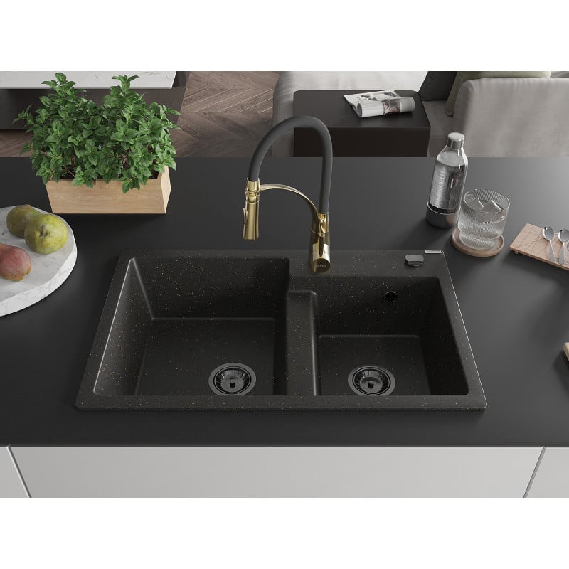 Mexen Tomas Granitspüle 2-Kammern mit Küchenarmatur Aster, schwarz/gold metallic - 6516-75-73450-57-B
