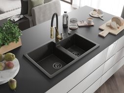 Mexen Tomas Granitspüle 2-Kammern mit Küchenarmatur Aster, schwarz/gold metallic - 6516-75-73450-57-B