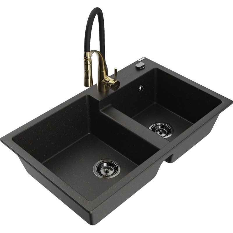 Mexen Tomas Granitspüle 2-Kammer mit Küchenarmatur Aster, schwarz/gold metallisch - 6516-75-73450-57-B