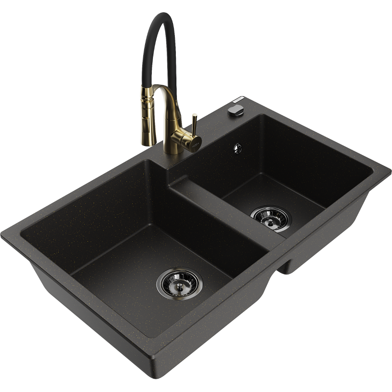 Mexen Tomas Granitspüle 2-Kammern mit Küchenarmatur Aster, schwarz/gold metallic - 6516-75-73450-57-B