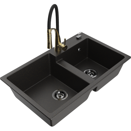 Mexen Tomas Granitspüle 2-Kammern mit Küchenarmatur Aster, schwarz/gold metallic - 6516-75-73450-57-B