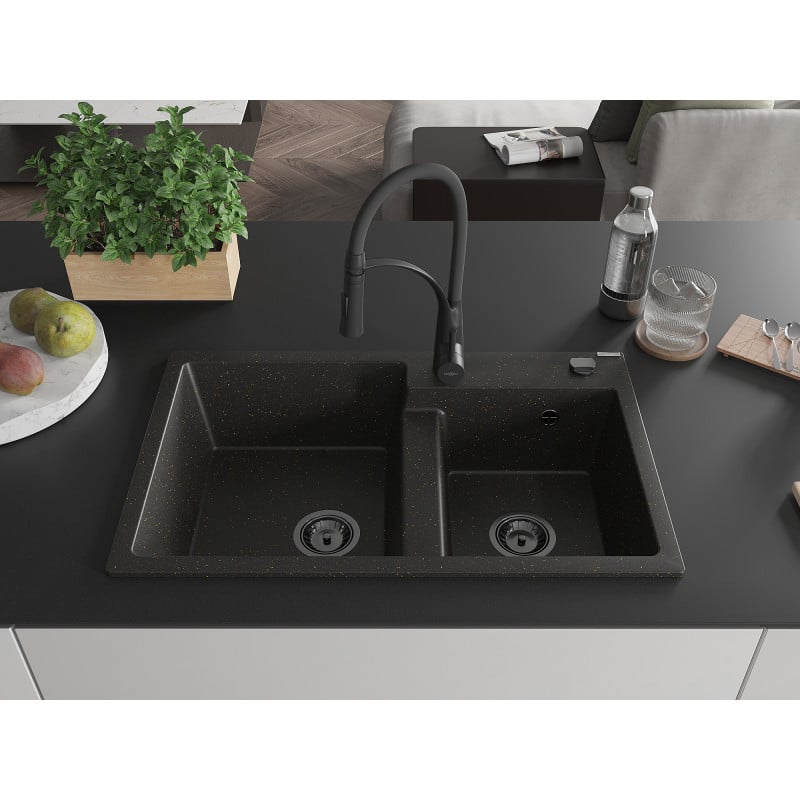 Mexen Tomas Granitspüle 2-Kammer mit Küchenarmatur Aster, schwarz/goldfarben metallic - 6516-75-73450-70-B