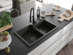 Mexen Tomas Granitspüle 2-Kammer mit Küchenarmatur Aster, schwarz/goldfarben metallic - 6516-75-73450-70-B