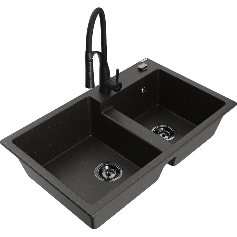 Mexen Tomas Granitspüle 2-Kammer mit Küchenarmatur Aster, schwarz/goldfarben metallic - 6516-75-73450-70-B