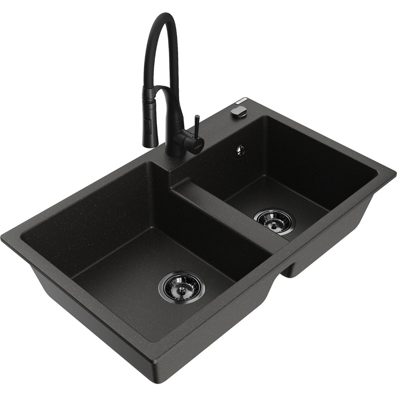 Mexen Tomas granitspüle 2-Kammern mit Küchenarmatur Aster, schwarz/gold metallic - 6516-75-73450-70-B