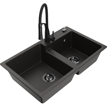 Mexen Tomas Granitspüle 2-Kammer mit Küchenarmatur Aster, schwarz/goldfarben metallic - 6516-75-73450-70-B