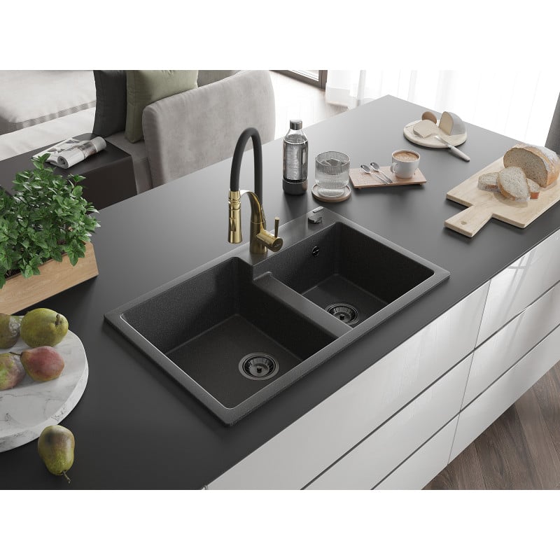 Mexen Tomas Granitspüle 2-Becken mit Küchenarmatur Aster, schwarz gesprenkelt - 6516-76-73450-57-B