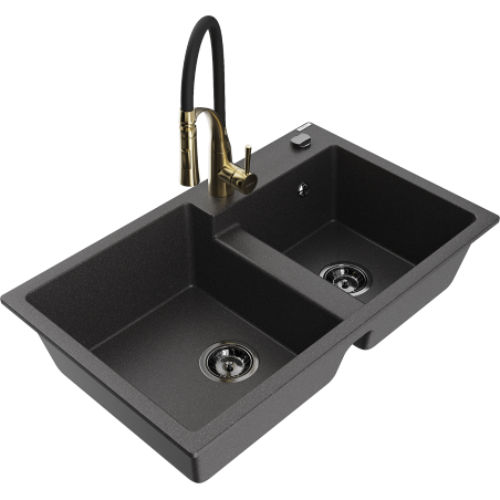 Mexen Tomas Granitspüle 2-Becken mit Küchenarmatur Aster, schwarz gesprenkelt - 6516-76-73450-57-B