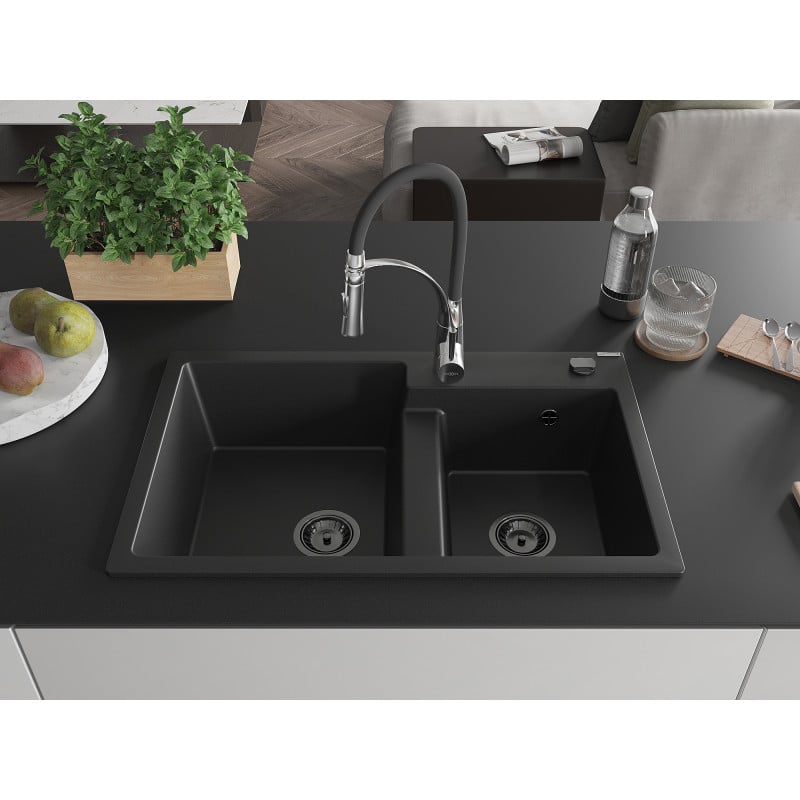 Mexen Tomas Granitspüle 2-Becken mit Küchenarmatur Aster, schwarz - 6516-77-73450-07-B
