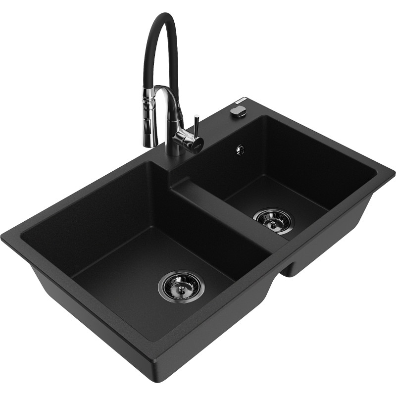 Mexen Tomas 2-Kammer-Granitespüle mit Küchenarmatur Aster, schwarz - 6516-77-73450-07-B