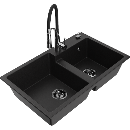 Mexen Tomas 2-Kammer-Granitespüle mit Küchenarmatur Aster, schwarz - 6516-77-73450-07-B