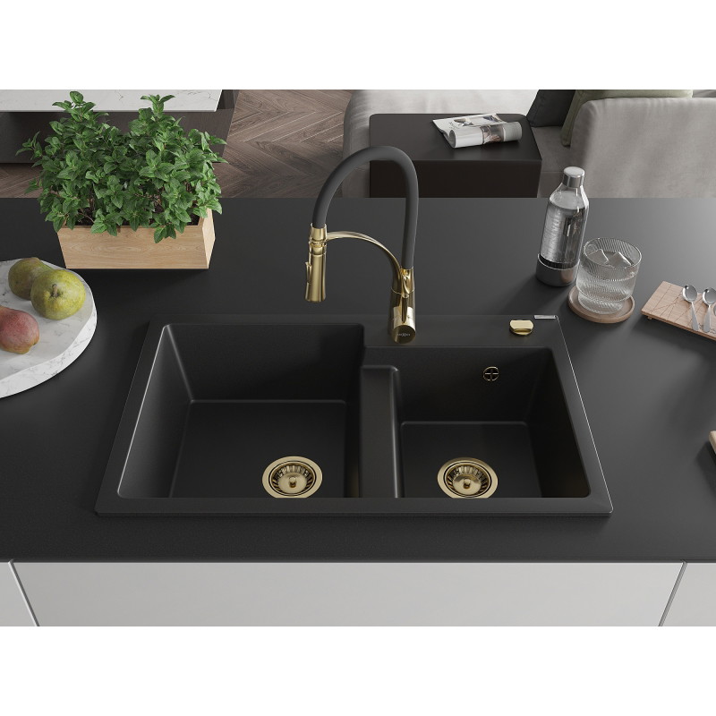 Mexen Tomas 2-Kammer-Granitsküchenbecken mit Küchenarmatur Aster, schwarz - 6516-77-73450-57-G