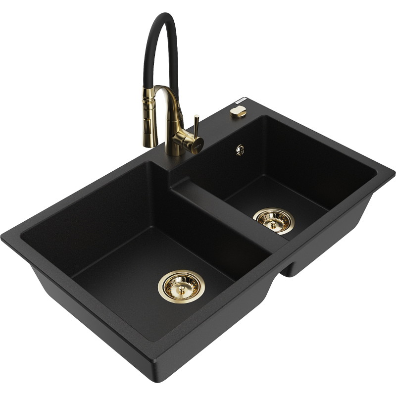 Mexen Tomas 2-Kammer-Granitsküchenbecken mit Küchenarmatur Aster, schwarz - 6516-77-73450-57-G